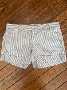 Striped Roll-Cuff Express Shorts — Cream and Tan with a subtle sparkle